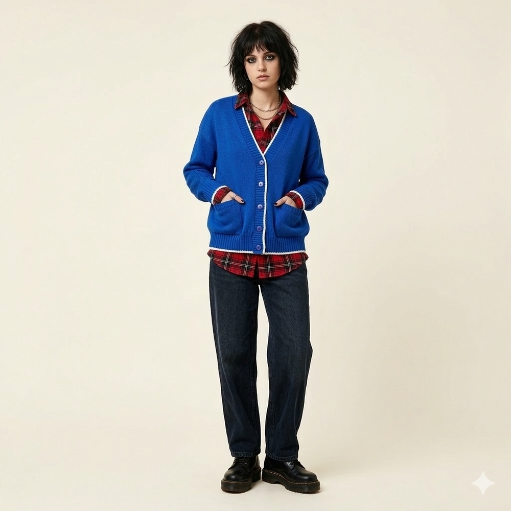 Vintage V.I. Petites Royal Blue Cardigan White Trim 90s Preppy Grunge Sz 8-10